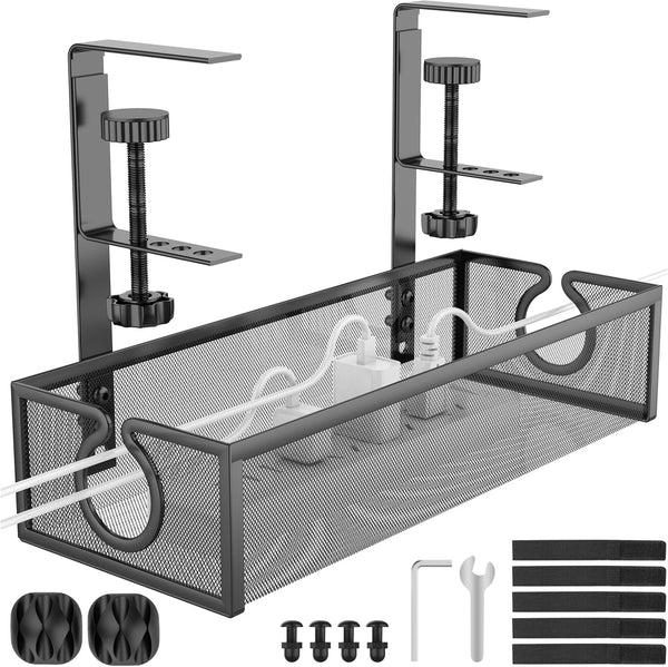 REFLYING Under Desk Cable Management Tray, Black Metal Long Arms, No Drill Mesh Desk Cable Tray for Office Organization