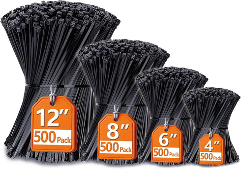 ANOSON Zip Ties Assorted Sizes(4+6+8+12), 2000 Pack, Black Cable Ties, UV Resistant Wire