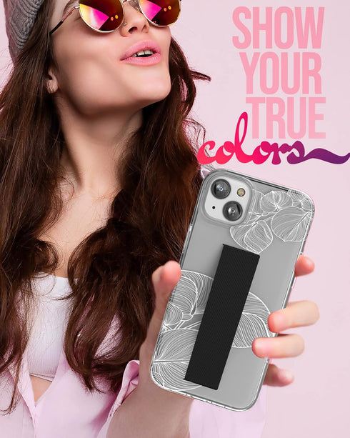 ENCASED iPhone 14 Finger Loop Case with Strap Grip & Screen Protector - Clear/White Lace Leaf Design
