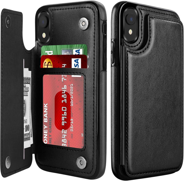 LETO iPhone XR Case, Black Leather Wallet Flip Folio Cover with Kickstand Card Slots for Girls Women