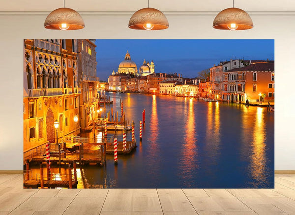UPXIO 10x8ft Venice Grand Canal Night Backdrop Golden Lights Basilica Illumination Scenery Photo