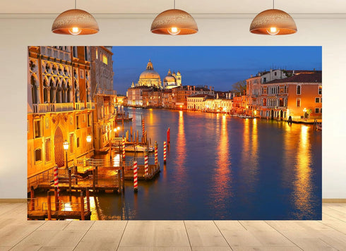 UPXIO 10x8ft Venice Grand Canal Night Backdrop Golden Lights Basilica Illumination Scenery Photo