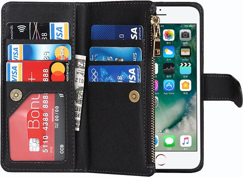 Jaorty Wallet Case Compatible with iPhone 7/8/iPhone SE 2nd 2020, 9 Card Slots, Wrist Strap, Stand Feature, Zipper Cash