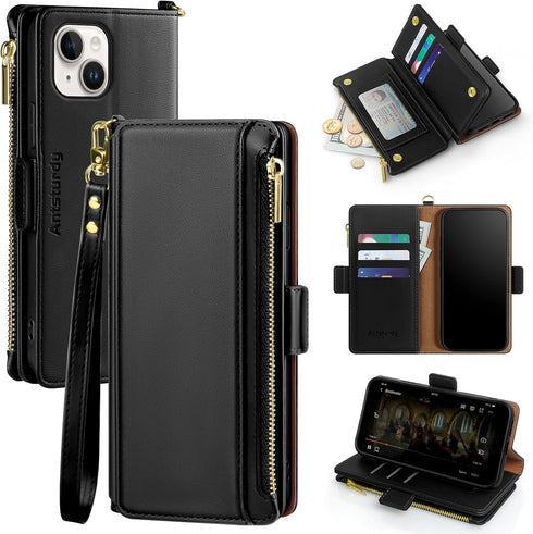 Antsturdy Compatible with iPhone 15 Wallet Case Card HolderRFID Blocking PU Leather Phone