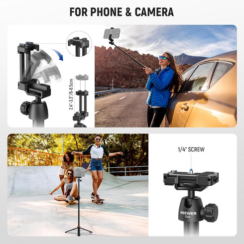 NEEWER 59" TS04 Basics Selfie Stick Tripod Compatible with iPhone DLSR Canon Sony Camera, Small Metal Portable Travel