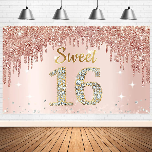 Sweet 16th Birthday Banner Backdrop Decorations for Girls, Rose Gold 16 Birthday Party Sign Supplies, Pink Poster Decor