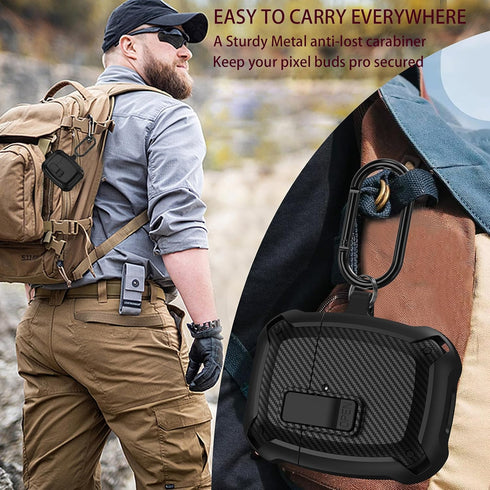 Google Pixel Buds Pro Case 2022 - Military Hard Shell Protective Armor Cover with Cleaner Kit, Lock & Carabiner for
