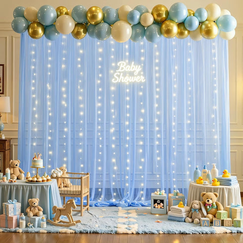 1012ft 2 512ft Baby Blue Sheer Tulle Backdrop Curtains with Lights String for Parties Baby Shower Decorations for Boy