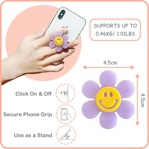 Cheerful Smiley Flower Phone Grip, Bright Expandable Collapsible, Comfortable Touch, Secure Grip, White
