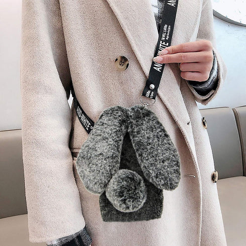 3D Bunny Ears Plush Case for Samsung Galaxy A12 with Crossbody Strap, Winter Warm Handmade Soft Rabbit Cover, Grey