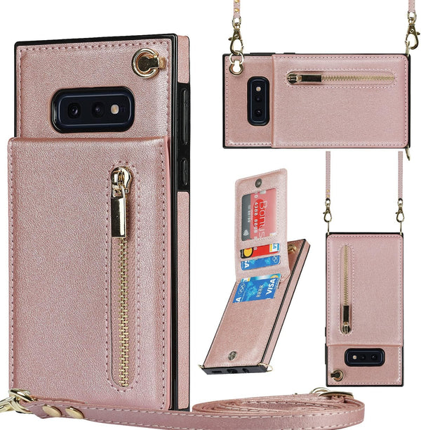 Samsung Galaxy S10e Wallet Cover, Pink, with Crossbody Strap, Leather Card Holder, Flip Cases, Kickstand