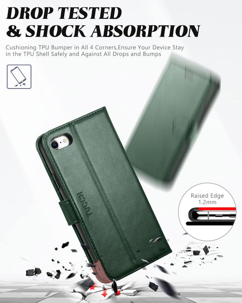 TUCCH Wallet Case for iPhone SE 2022/SE 2020/8/7, PU Leather Folio with Stand, Card Slot, Midnight Green