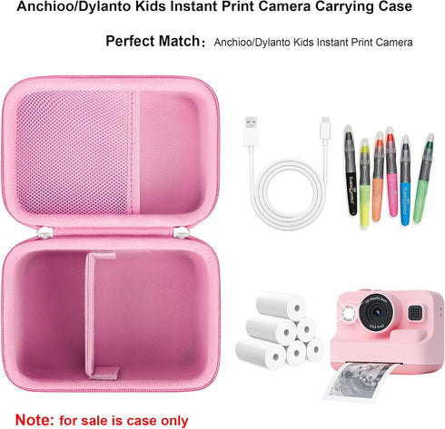 Carrying Case for Anchioo/Dylanto Kids Instant Print Camera,1080P Kids Instant Cameras That Print Photos Travel Bag Storage Holder, Mesh Pocket Fits Printing Paper Cable, Pink