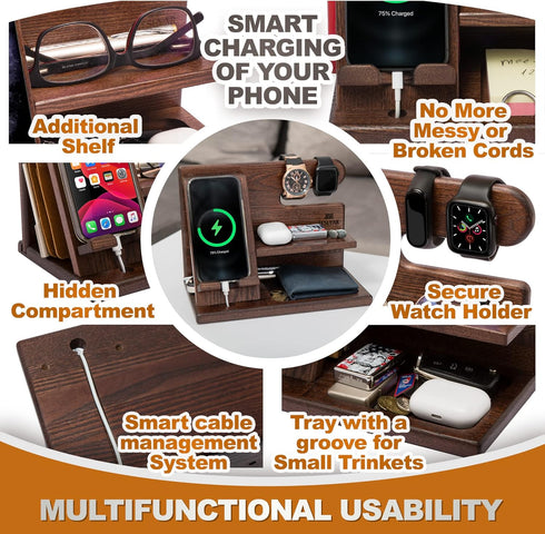 TESLYAR Wood Phone Docking Station for Men - Desktop or Nightstand Organizer - Birthday Gifts for Men, Dad