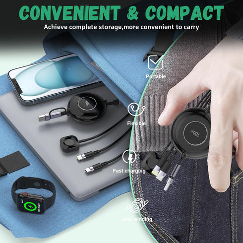 100W Retractable Multi 5-in-1 Charger Cable, USB A/Type C to Lightning, Super Fast Charging for iWatch/iPhone/iPad?4FT?