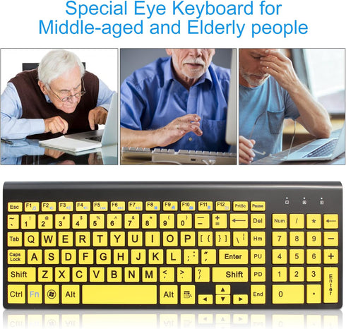 HXMJ-Wireless Large Print Keyboard and Mouse Set with USB Receiver - Quiet Scissor Switch for Seniors & Visually
