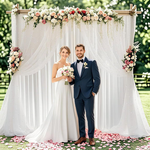 GUANSEN 10 8FT * White Pearl Tulle Double Layered Backdrop Curtain with Lights String and Lining Fabric for Wedding