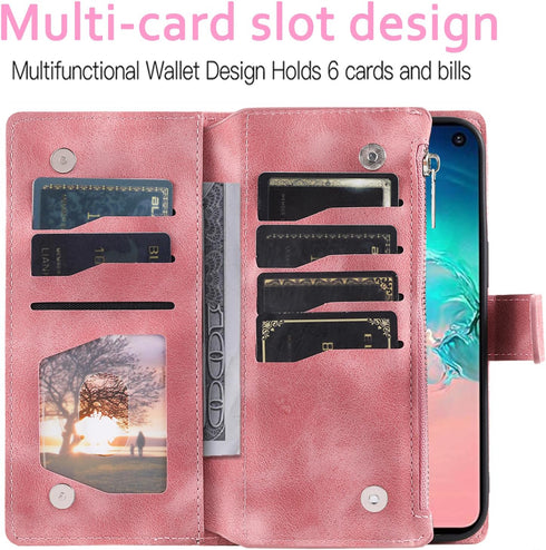 Asuwish Wallet Case for Samsung Galaxy S10e - Mandala Flower, Zipper Slot, Tempered Glass Protector, Rose Gold.