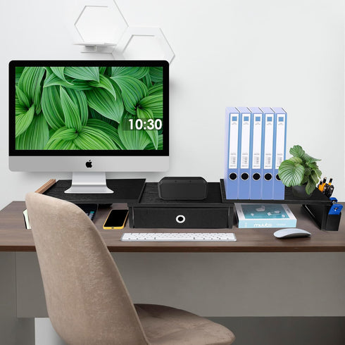 Dual Monitor Stand Riser with Drawer & Metal Leg, Large Computer Monitor Riser for 2 Monitors, Desktop Organizer