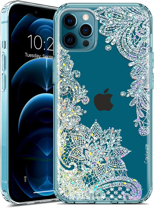 Coolwee Clear Glitter Compatible with iPhone 12 Pro Max Case, Thin Flower Cute Crystal Lace Bling Protective Cover