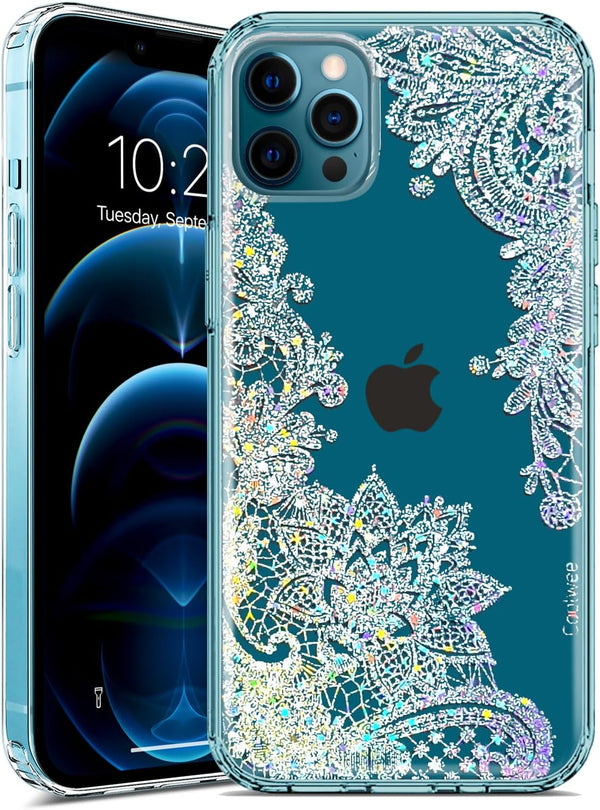 Coolwee Clear Glitter Compatible with iPhone 12 Pro Max Case, Thin Flower Cute Crystal Lace Bling Protective Cover