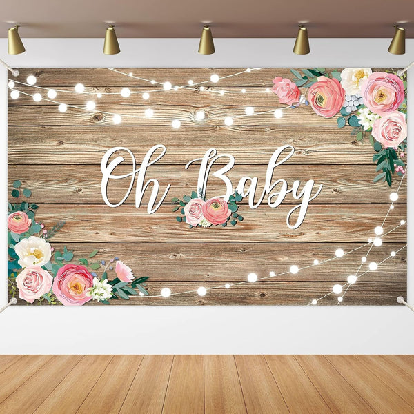Rustic Wood Baby Shower Backdrop Banner Oh Baby Floral Decorations for Girls and Boys Birthday Party Supplies