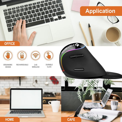 J-Tech Digital Ergonomic Mouse with Wireless Connection, Removable Palm Rest, Thumb Buttons, Rechargeable Battery, 800