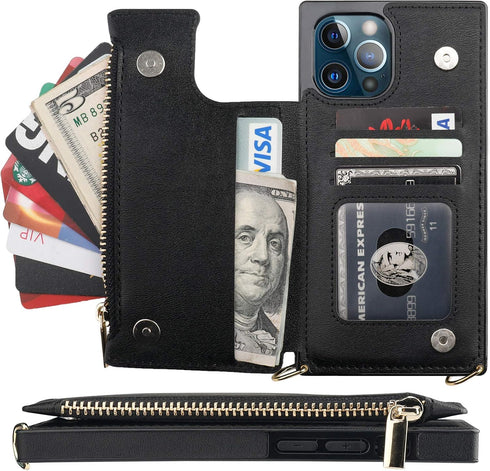 Bocasal Crossbody Wallet Case for iPhone 12 Pro Max, Shockproof Purse Cover with Card Holder & Removable Strap (Black)
