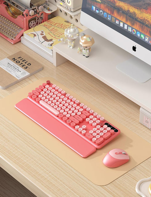 Wireless Keyboard and Mouse Combo, Cute Typewriter Keyboard with Detachable Wrist Rest, Retro Round Keycaps