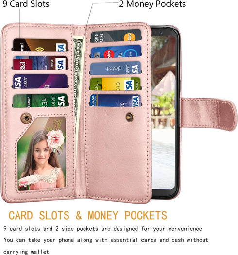 NJJEX Wallet Case for Galaxy S8, PU Leather, Rose Gold, 9 Card Slots, Detachable, Kickstand, Magnetic