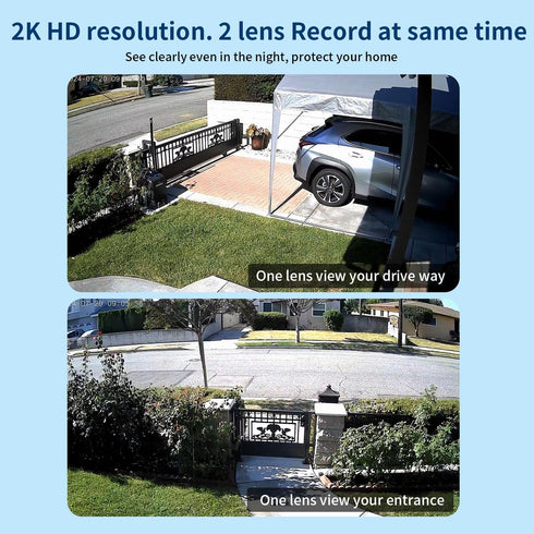 Dual Lens WiFi Security Camera Outdoor, PTZ Auto Tracking, HOM Security Surveillance System, Night Vision, 24/7