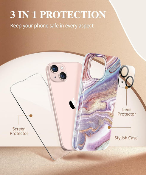 GVIEWIN Marble Case for iPhone 13, with Screen Protector & Camera Lens Protector, 10FT Military Grade Drop Protection