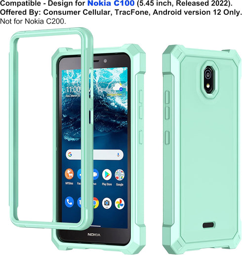 Ailiber for Nokia C100 Phone Case, Nokia C100 Case with Screen Protector, Dual Layer Structure Protection, Shockproof Corners TPU Bumper, Heavy Duty Rugged Protective Cover for Nokia C100-Mint Green