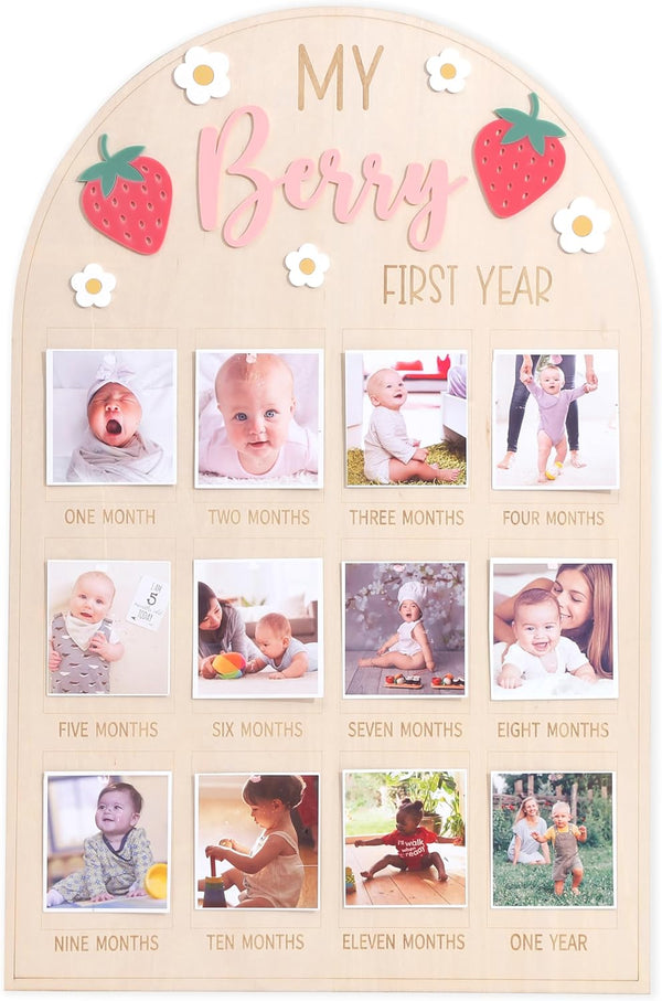 WAOUH Berry First Year Photo Wood Board - Strawberry 1st Birthday Decorations,Strawberry