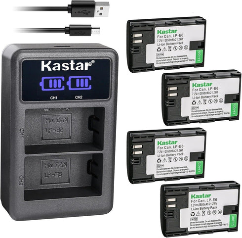 Kastar 4-Pack LP-E6 Battery and LED2 USB Charger for Blackmagic BMPCC 4K, 6K Cameras