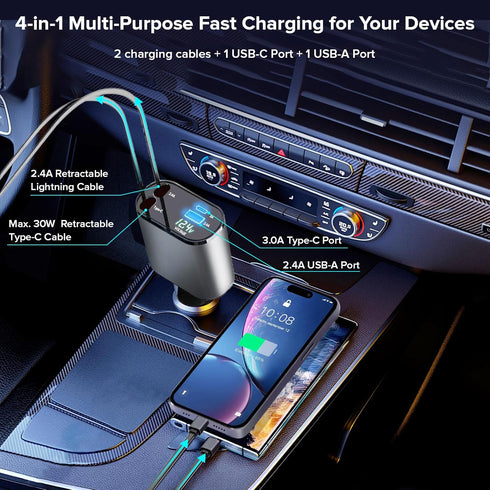 Retractable Car Charger, 60W Fast Charge with 1x Retractable Cable, 1x Type-C Cable, 2X USB Ports for iPhone Galaxy