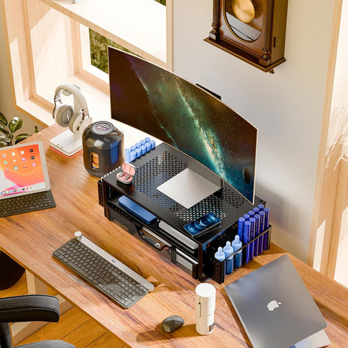 Simple Trending 2 Tier Metal Monitor Stand, Computer Desk Organizer with Drawer and Pen Holder for Laptop, Computer,