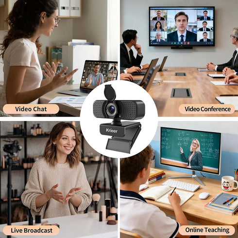 Krieer 1080P HD Webcam with Dual Mics Autofocus, Noise Cancellation, Wide-Angle, Auto Light Correction, Privacy Cover