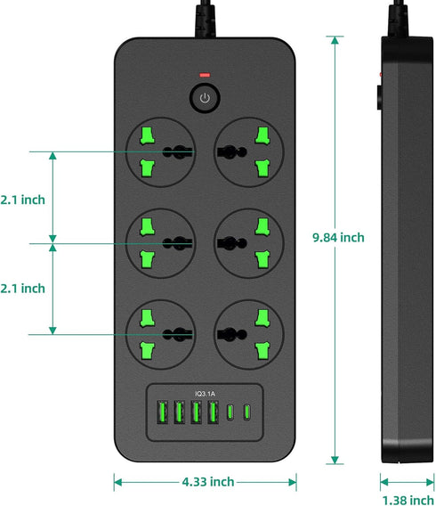 Universal Power Strip with 6 Outlets, 4 USB, 2 USB C Ports, 3.1A Fast Charge, Flat Plug Extension Cord for Home Office