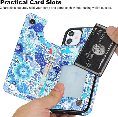 HAOPINSH iPhone 11 Wallet Case with Card Holder, Blue Flower Bird Pattern Back Flip PU Leather Case for Women Girls