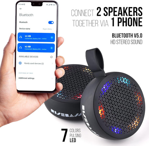 RISEBASS Water Resistant Bluetooth Shower Speaker, Handsfree Portable Speakerphone Control Buttons with LED Light, True Wireless Stereo for Bathroom, Kitchen, Hiking, Kayak, Beach, Gifts (Black)