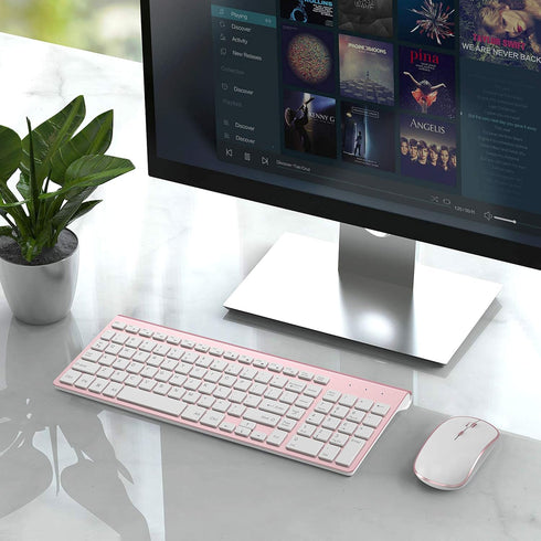 J JOYACCES Wireless Keyboard Mouse, Compact Ultra Slim 2.4G for Windows, Computer, Desktop, PC, Laptop (Pink)