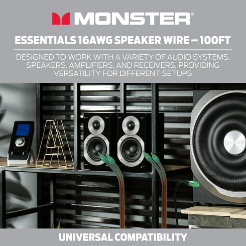 Monster Essentials High Performance Speaker Wire, 16 Gauge Copper Clad Aluminum (CCA), 100 FT Spool