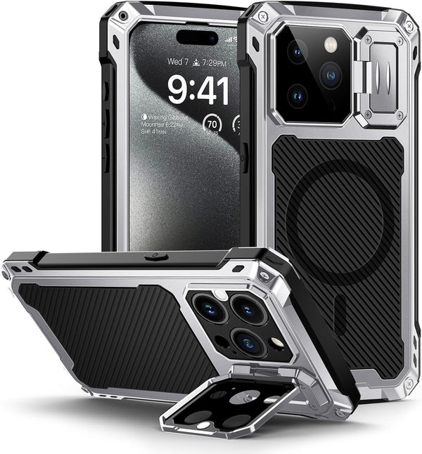 Lanhiem Metal Case for iPhone 15 Pro Max, Built-in Camera Kickstand & Glass Screen Protector, Heavy Duty Rugged Cover