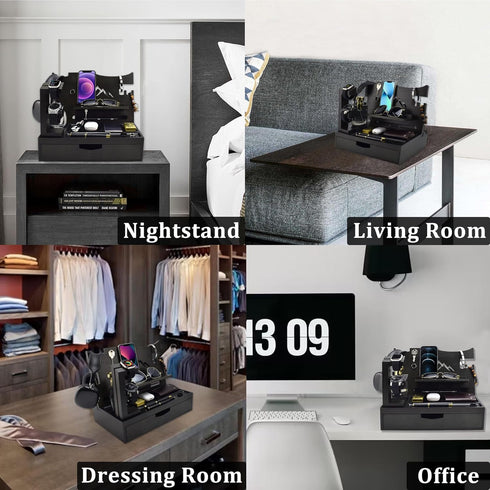 Nightstand Organizer for Men, Large Drawer Phone Docking Station, Bedside Organizer for Apple Watch, Black Wood