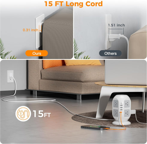 Tower Surge Protector Power Strip, 15 ft Long Flat Extension Cord with 8 AC Outlets and 4 USB Ports