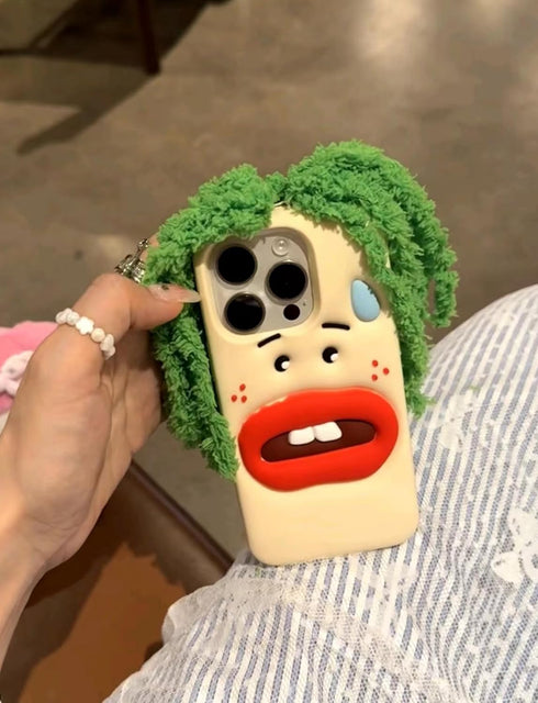 Funny Phone Case for iPhone 15, Cute 3D Sweating Emoticon Green Braids Hair Ugly Soft Silicone Case for Women Girls