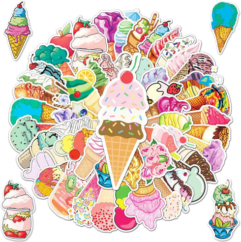 NADUSEP Ice Cream Stickers, 50Pcs Ice Cream Cone Stickers Decals Party Favors Decor