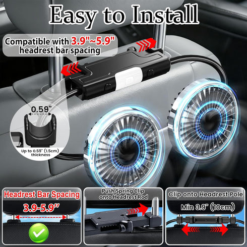 Back Seat Car Fan for Kids - Battery-Free Dual Adjustable Air Circulation