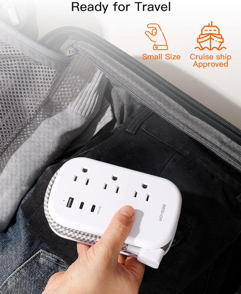 BESHON Flat Plug Power Strip with 3 Outlets and 3 USB Ports (2 USB C), 3.2ft Wrapped Extension Cord for Travel